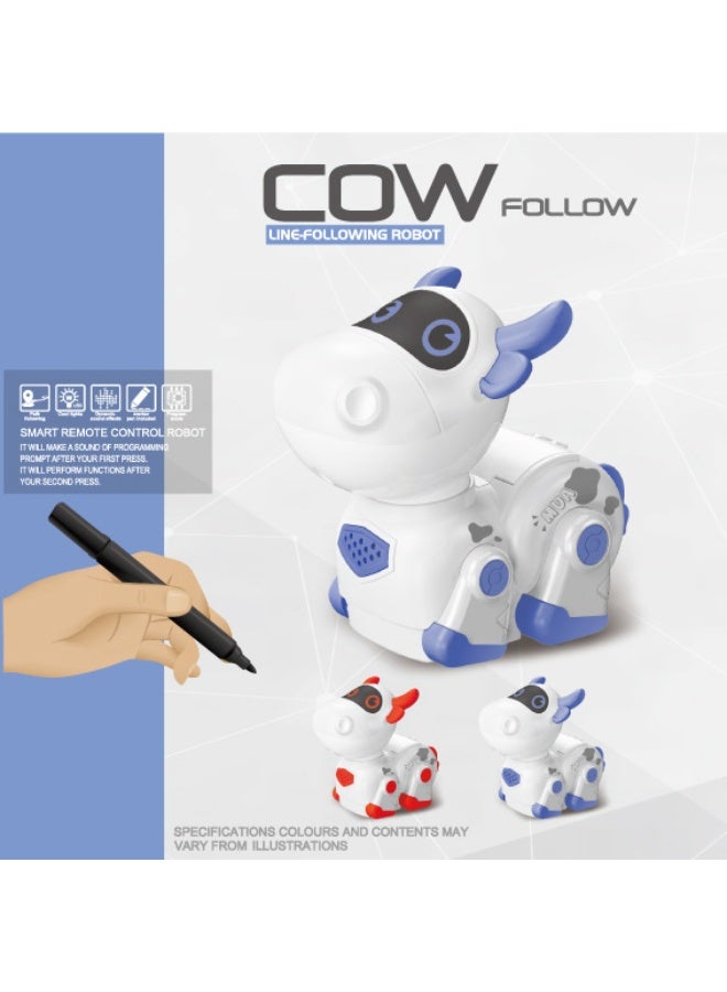 فولو روبوت ذكي على شكل بقرة: تحكم عن بعد بالأشعة تحت الحمراء لحركة خطية، تصميم كرتوني باللونين الأبيض والأزرق، لعبة برمجة للأطفال - Image 2